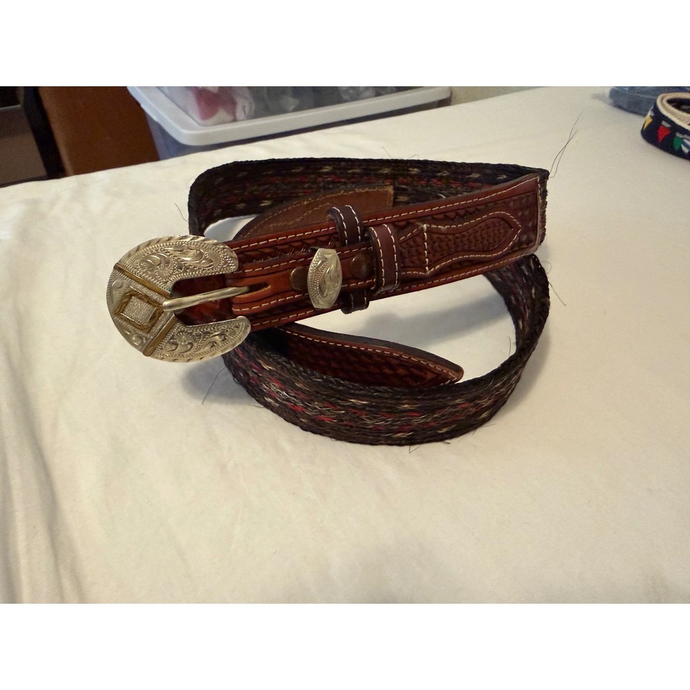 Dale Chavez Western Belt Handbraided Horsehair Handtooled Leather Brown 50in